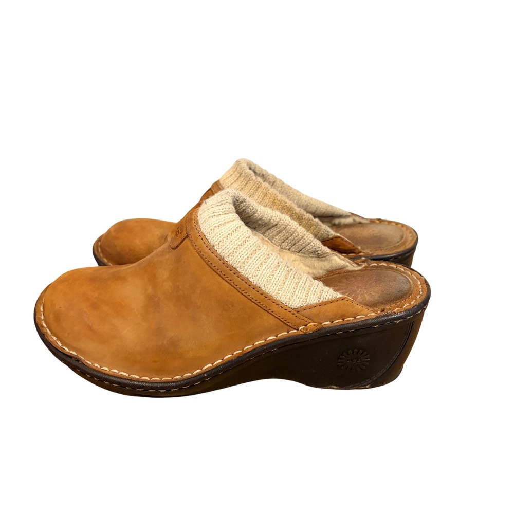 UGG Australia Chestnut Leather Knit Collar Wedge Clogs Mules Women 9 S/N 1902